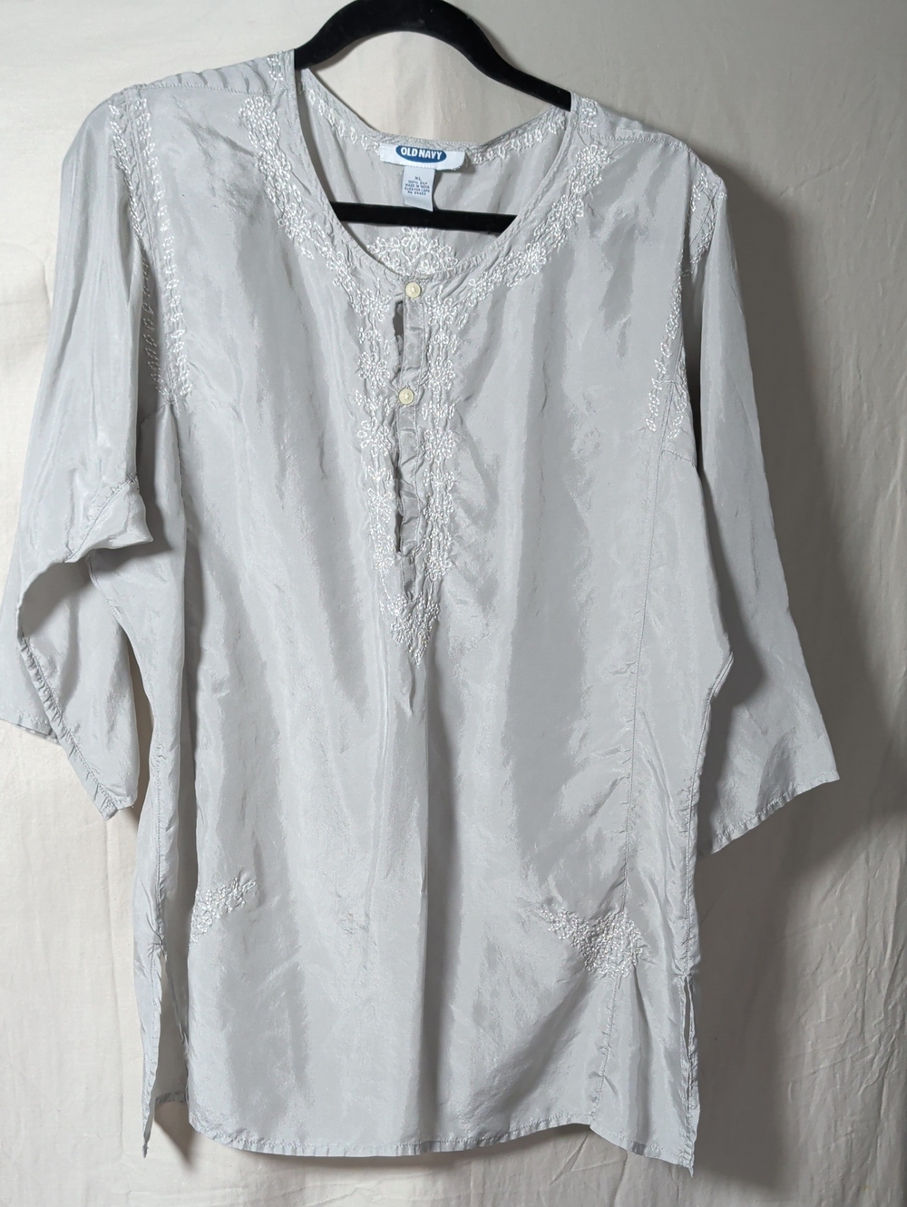 Old Navy Light Gray Silk Embroidered Tunic Blouse Business To Casual Wear